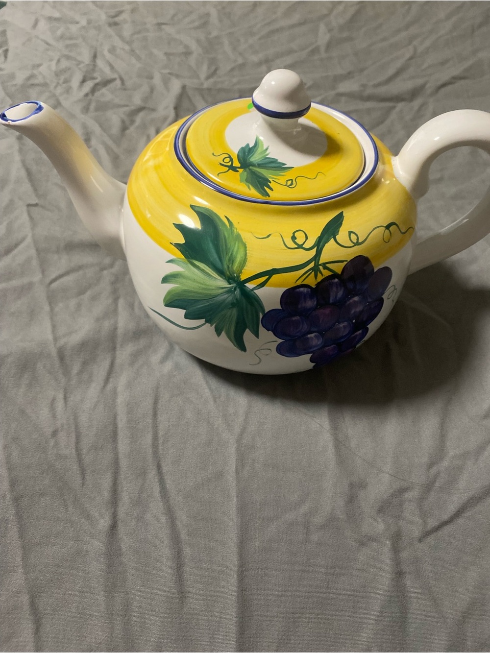Hand-Painted Yellow & White Teapot with Purple Grape Motif